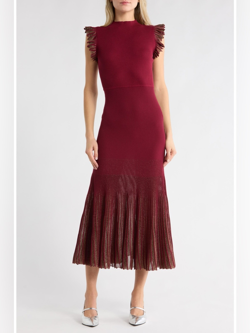 Moon River Ribbed Sleeveless Midi Dress in Burgundy with Pleated Hem - Picture 1 of 2
